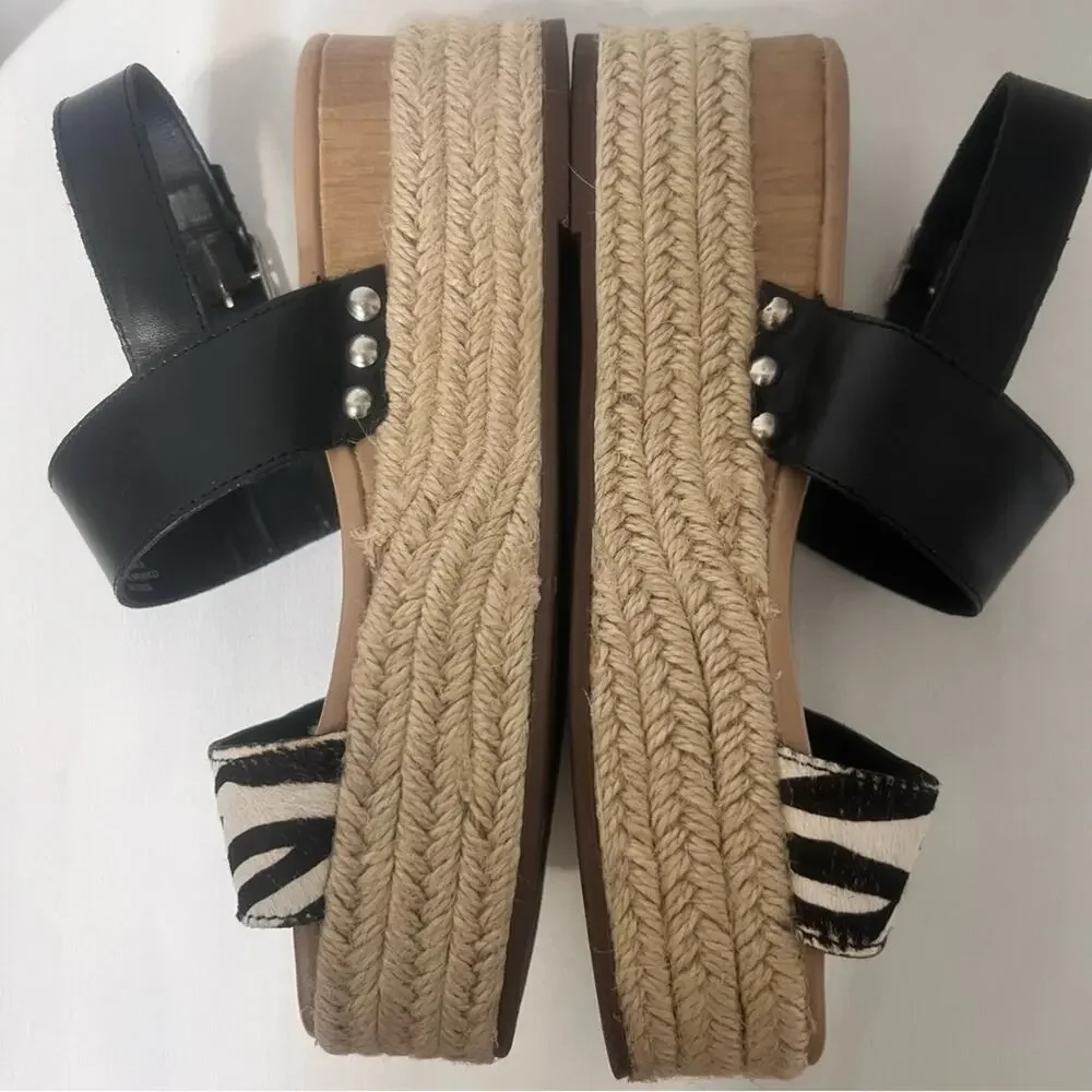 Steve Madden Fifer Platform Espadrille Zebra Leather Upper Sandals Size 6.5